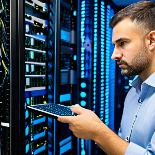 A male network engineer in his mid-30s, dressed in a modest and professional business shirt and slacks, fully clothed, deeply focused in a modern, brightly lit server room. He is intently examining blinking lights and complex cabling on a server rack, a look of serious concentration on his face. The background features rows of high-tech server equipment, emphasizing the critical nature of real-time network troubleshooting. The image conveys the intense pressure and practical application of skills in the networking field. Appropriate attire, safe for work, perfect anatomy, correct proportions, natural pose, well-formed hands, proper finger count, natural body proportions, professional photography, high quality, appropriate content.