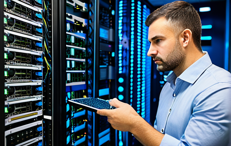 A male network engineer in his mid-30s, dressed in a modest and professional business shirt and slacks, fully clothed, deeply focused in a modern, brightly lit server room. He is intently examining blinking lights and complex cabling on a server rack, a look of serious concentration on his face. The background features rows of high-tech server equipment, emphasizing the critical nature of real-time network troubleshooting. The image conveys the intense pressure and practical application of skills in the networking field. Appropriate attire, safe for work, perfect anatomy, correct proportions, natural pose, well-formed hands, proper finger count, natural body proportions, professional photography, high quality, appropriate content.